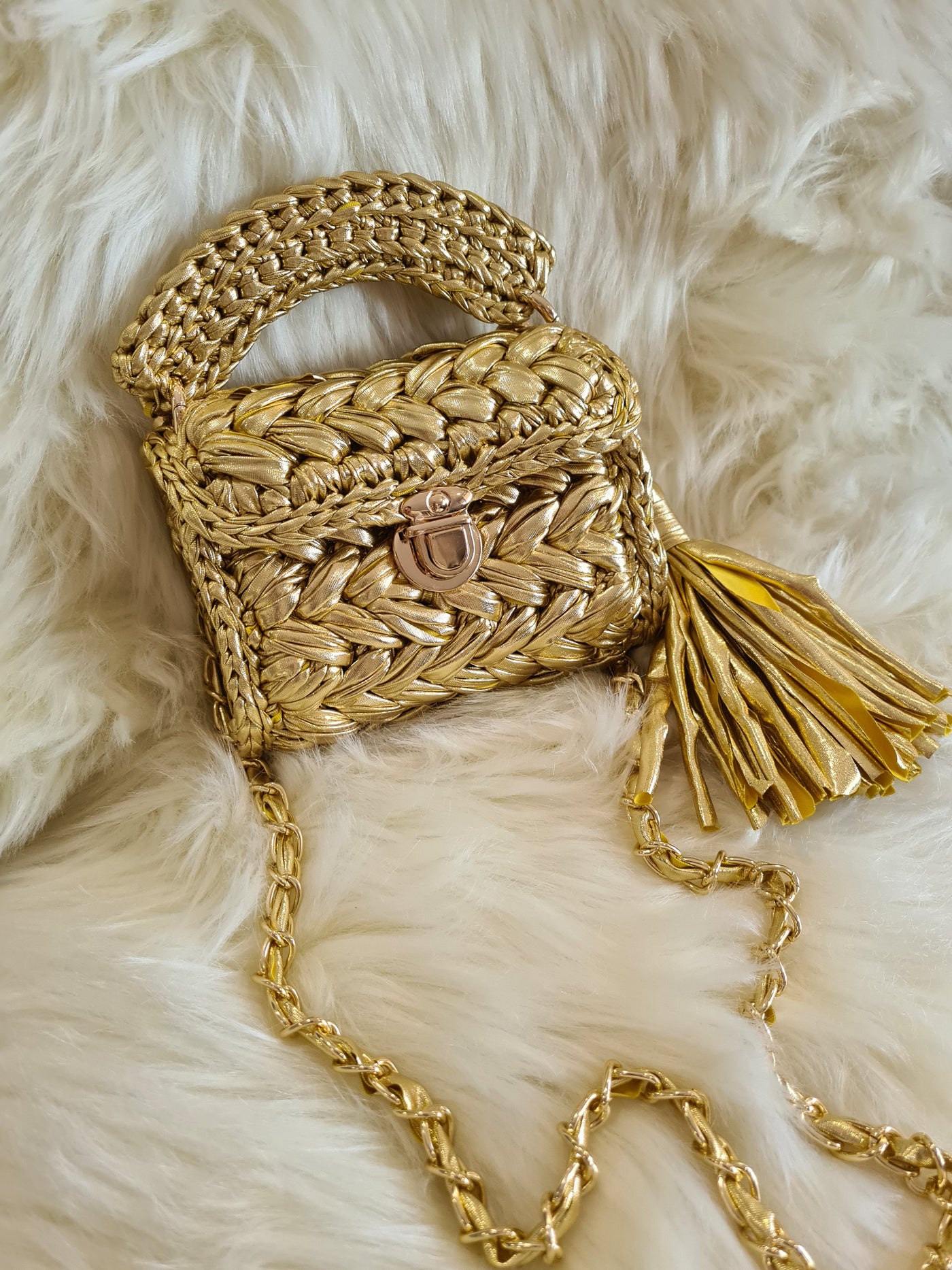 Gold metallic marshmellow handmade crochet bag