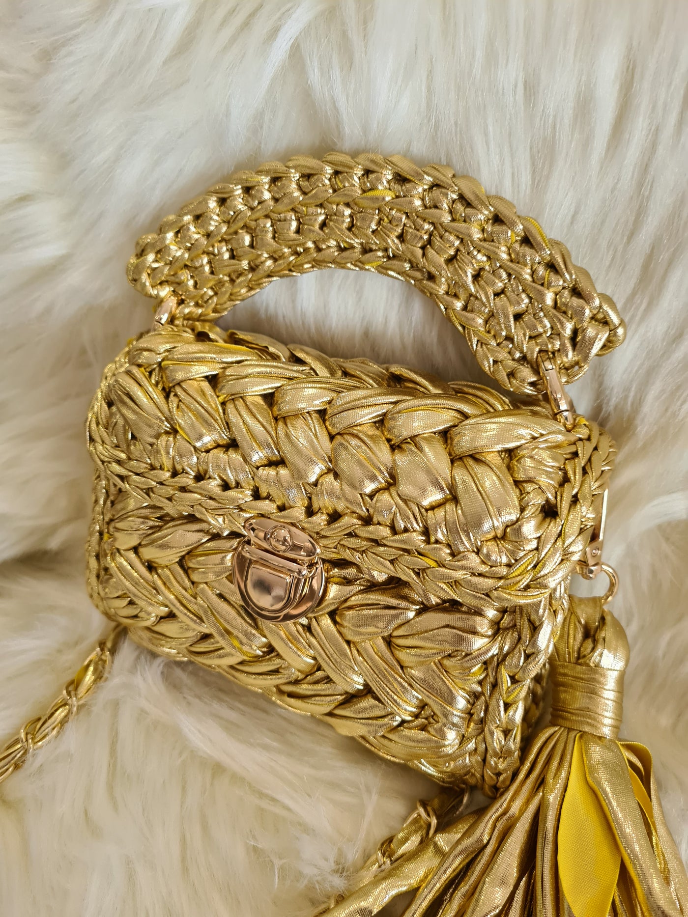 Gold metallic marshmellow handmade crochet bag