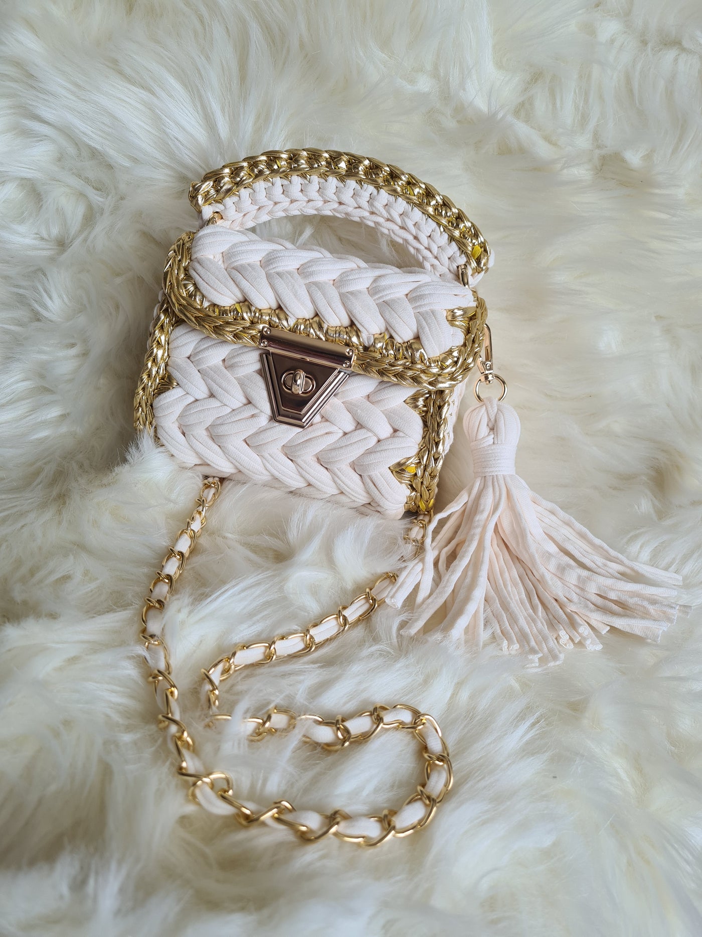 Golden white marshmellow handmade crochet bag