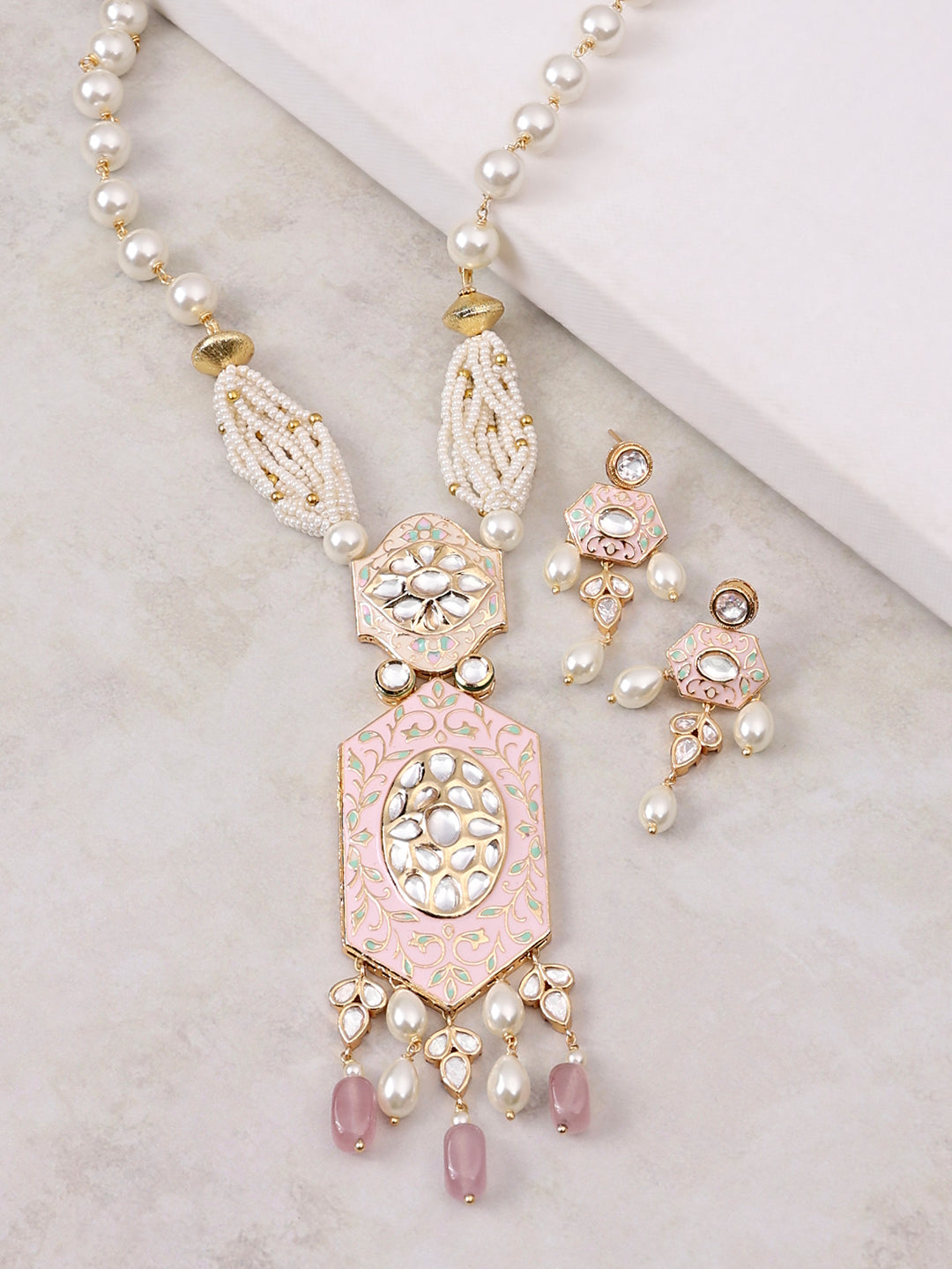 Pink Enamelled And White Pearl Necklace Set
