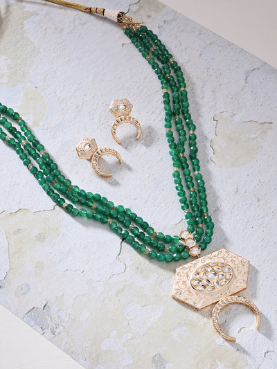 Green Necklace Set With Enamelled Kundan Polki
