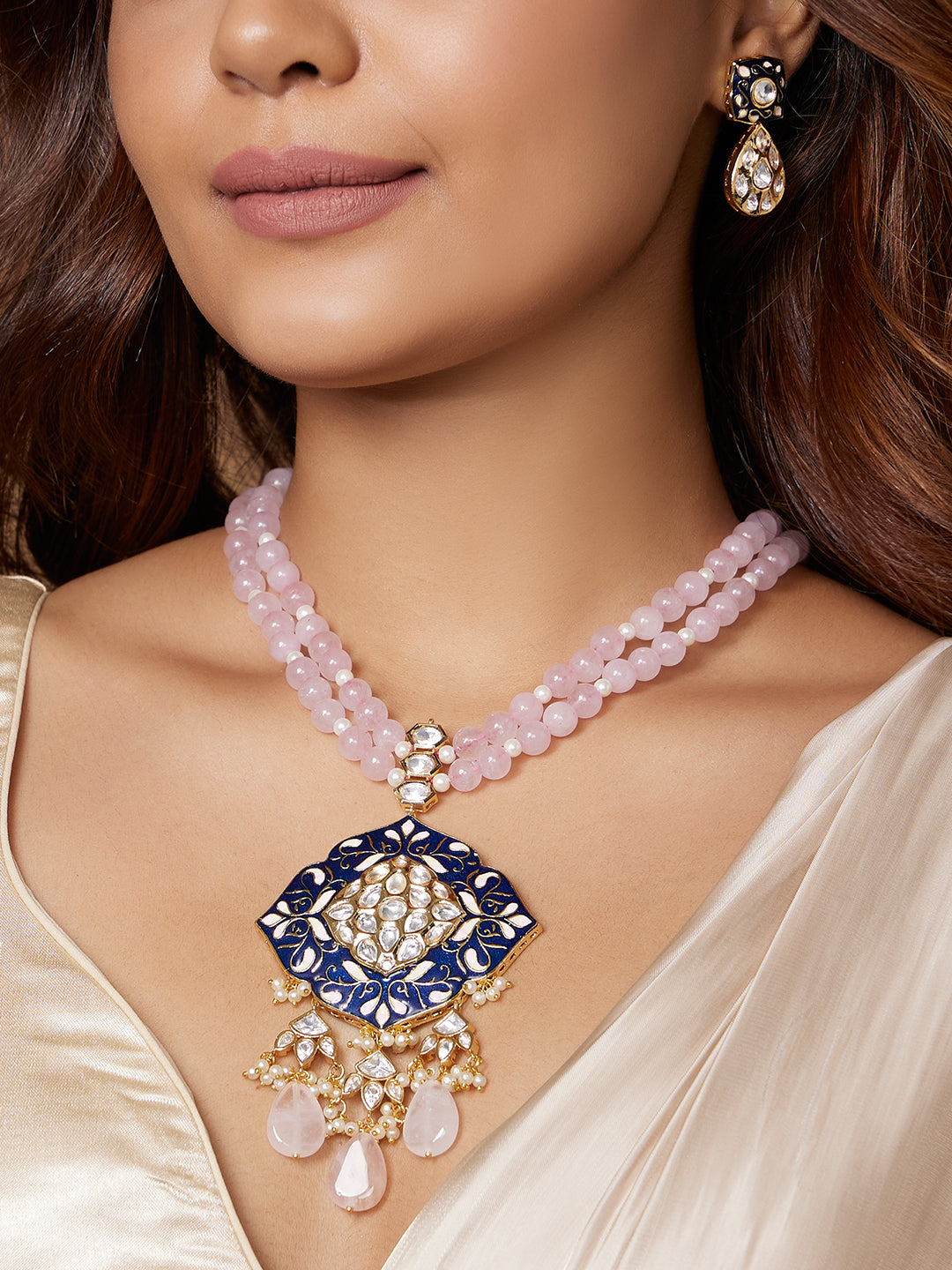 Pink Beaded Necklace Set With Royal Blue Enamalling